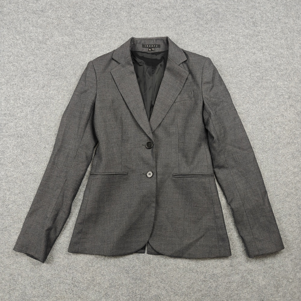 Theory Blazer Womens 00 Gray Lined Tailored Two-Button Stretch Workwear
